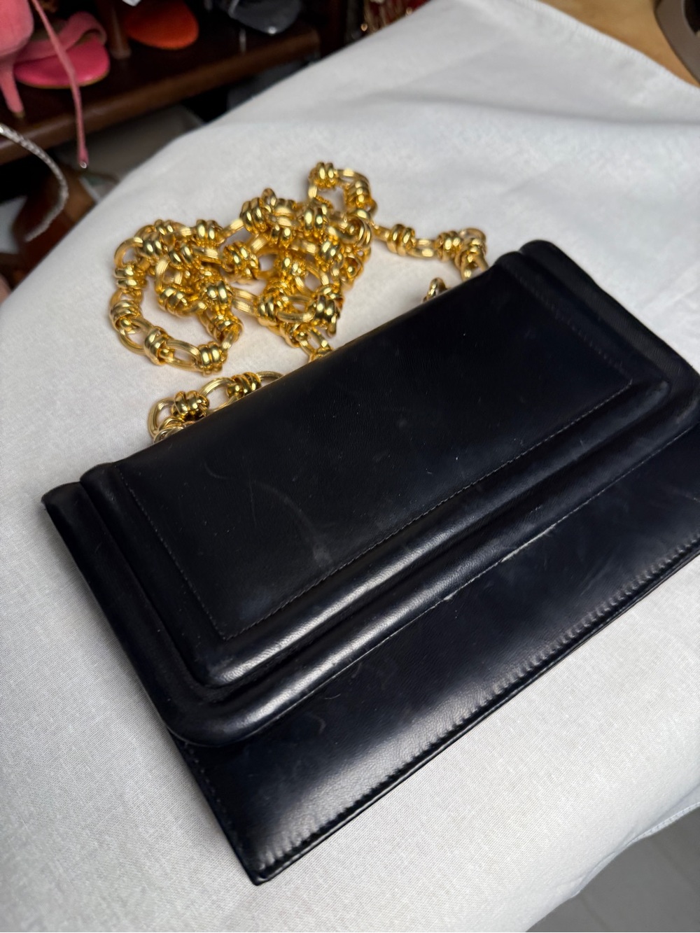 Vintage Black genuine Leather Shoulder Bag with Gold Chain